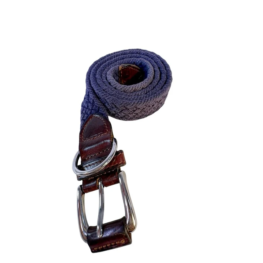 Vtg Braided Woven Belt Mens Blue Brown Leather Trim Made in USA